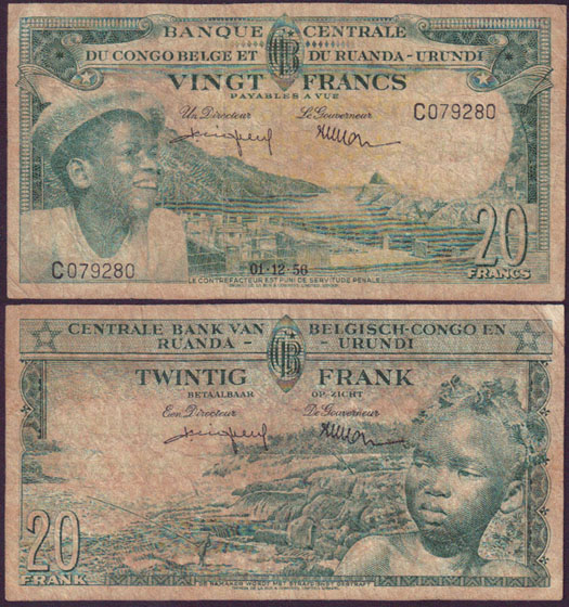 1956 Belgian Congo 20 Francs (Fine)